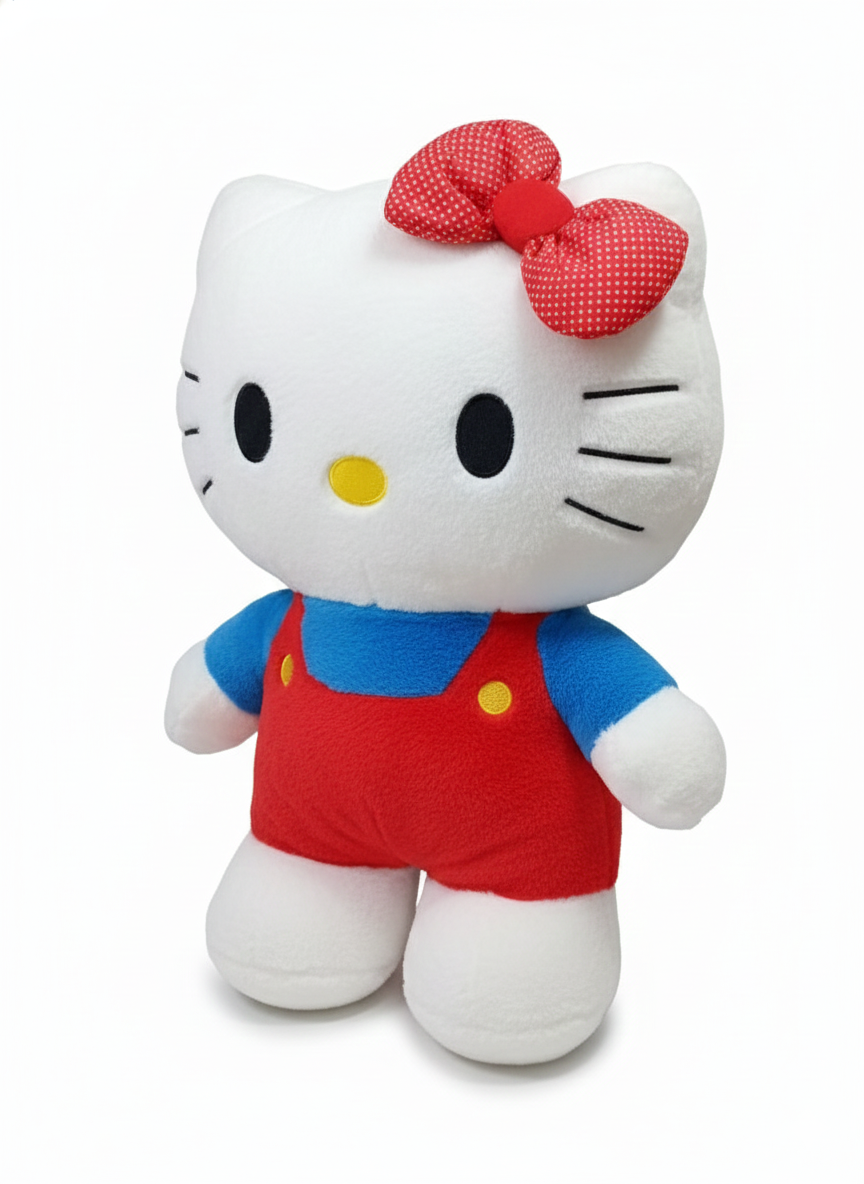 Cartoon Kitty Plush Soft Toy – White Cat with Red Bow & Red Dungarees