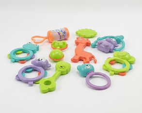 Colorful baby toys on a white background