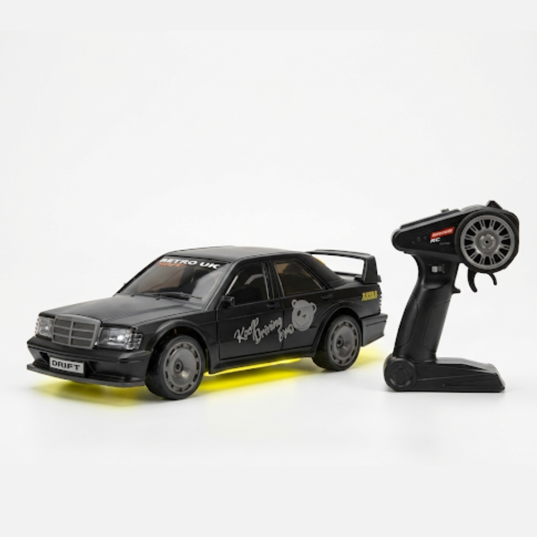 1:43 scale black drift RC car with LED headlights and underglow