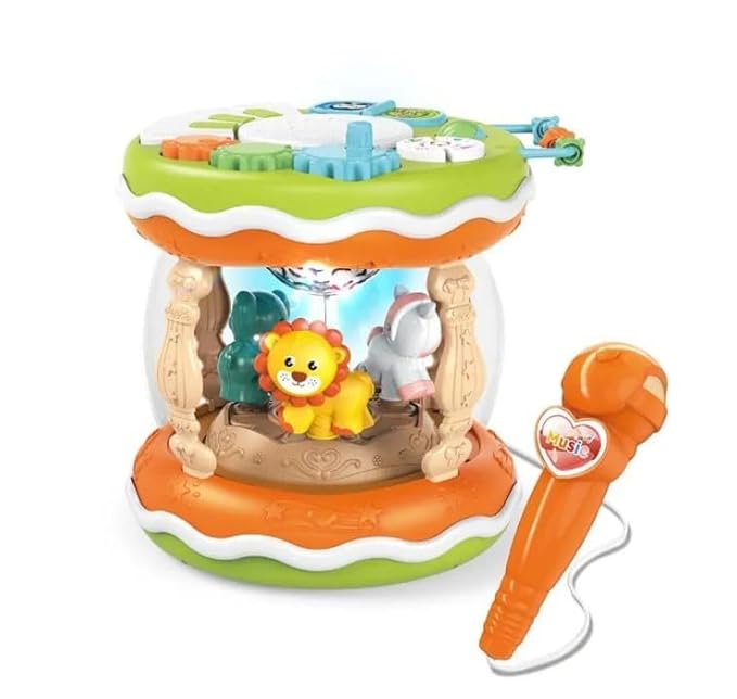 2‑in‑1 Animal Smart Drum with Microphone – Rotating Animals, Lights & Music Activity Toy (Age 3+)