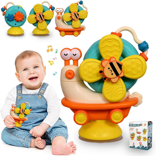 2‑in‑1 Snail Windmill Suction Spinner & Push Car – Sensory Baby Toy for High Chair, Bath & Travel