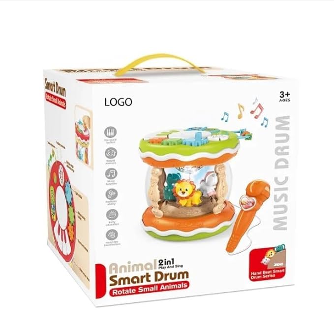 2‑in‑1 Animal Smart Drum with Microphone – Rotating Animals, Lights & Music Activity Toy (Age 3+)