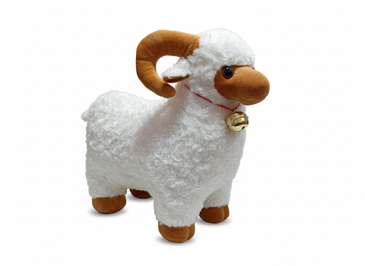 Curly Horned Sheep Plush Toy with Bell – White Standing Stuffed Animal