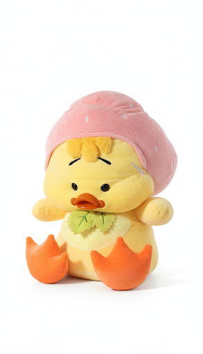 Cute Duck Plush Soft Toy with Pink Hat & Leaf Bib