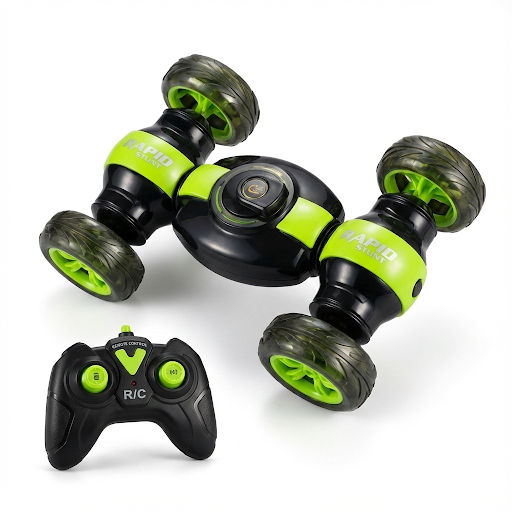 360° Rotating Stunt RC Car with Lights & Music – Rechargeable (Green/Black & Orange/Black)