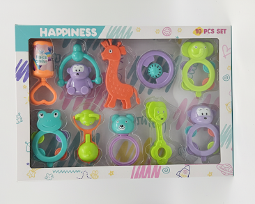 HAPPINESS 10‑Piece Baby Rattle Gift Set – Colourful Animal & Ring Rattles
