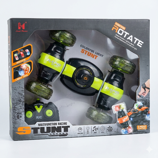360° Rotating Stunt RC Car with Lights & Music – Rechargeable (Green/Black & Orange/Black)