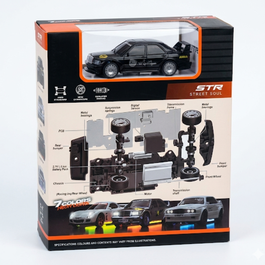 Retail box and full contents of 1:43 scale 4WD drift RC car set