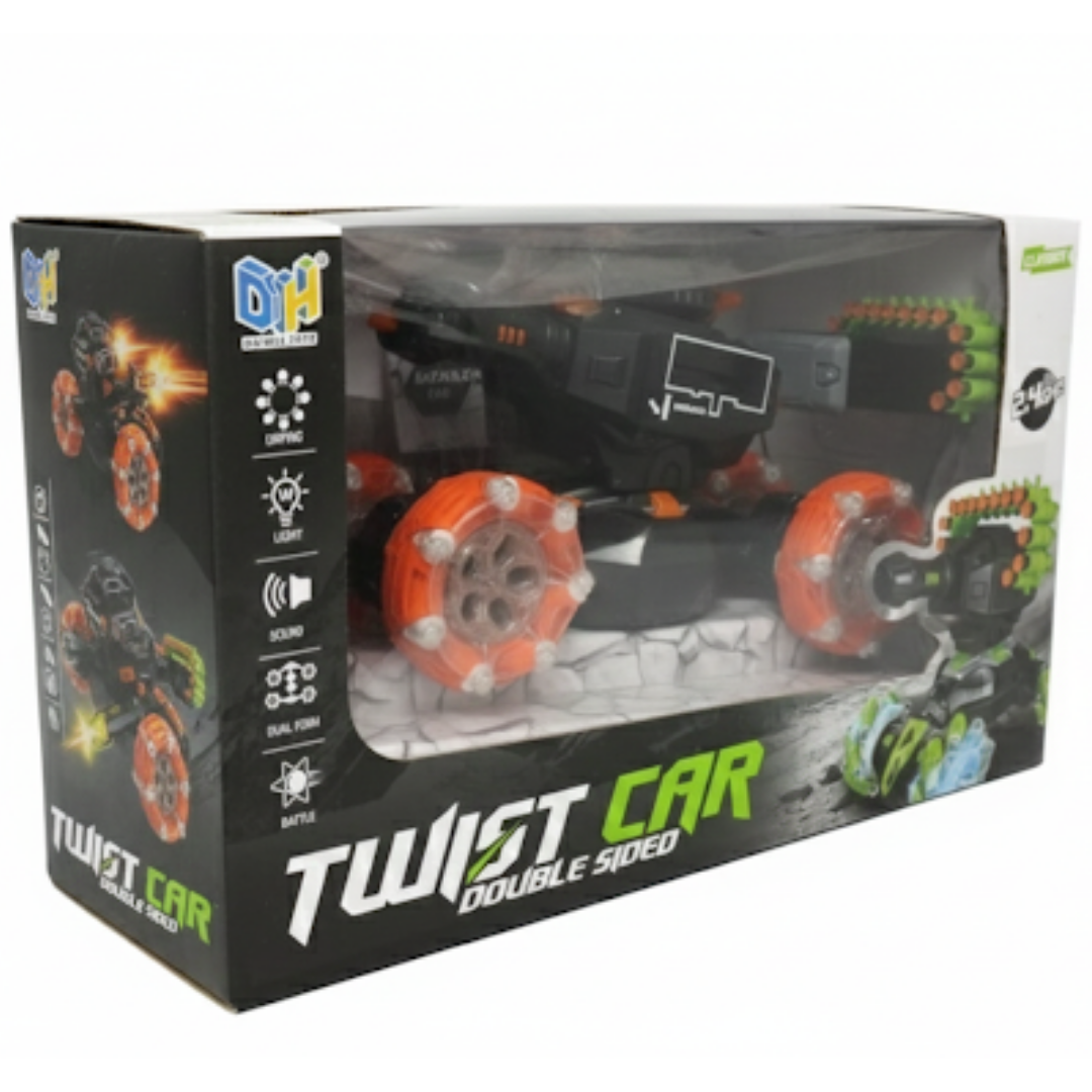 Twist Double‑Sided RC Stunt Car with Soft Bullet Launcher, Gesture Sensor & Rechargeable Battery (Green & Orange)