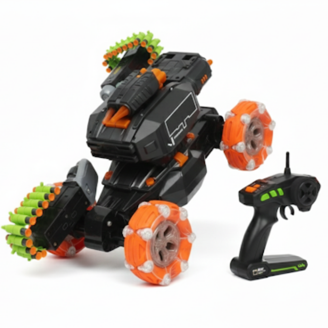 Twist Double‑Sided RC Stunt Car with Soft Bullet Launcher, Gesture Sensor & Rechargeable Battery (Green & Orange)