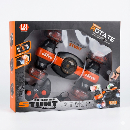 360° Rotating Stunt RC Car with Lights & Music – Rechargeable (Green/Black & Orange/Black)